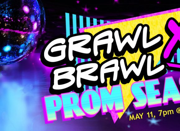 Disco ball with bright lights. Text: GRAWL Brawl XI Prom Season, May 11, 7 pm, GIbbs
